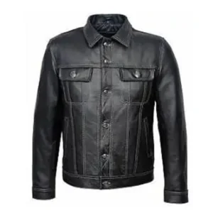 Black Leather Shirt Collar Jacket