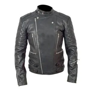 Men Black Leather Hip Length Black Leather Biker Jacket