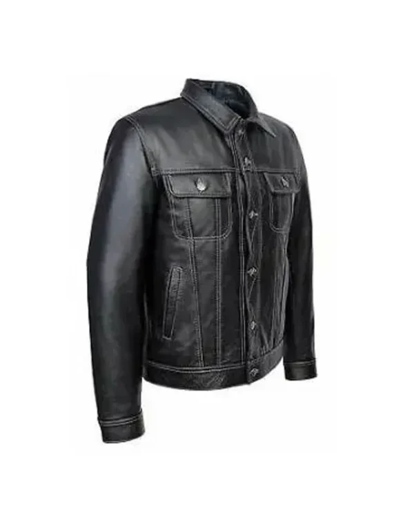 Men Shirt Collar Black Leather Motorcycle Jacket