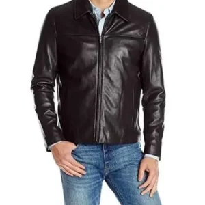 Mens Black Casual Shirt Collar Black Leather Biker Jacket