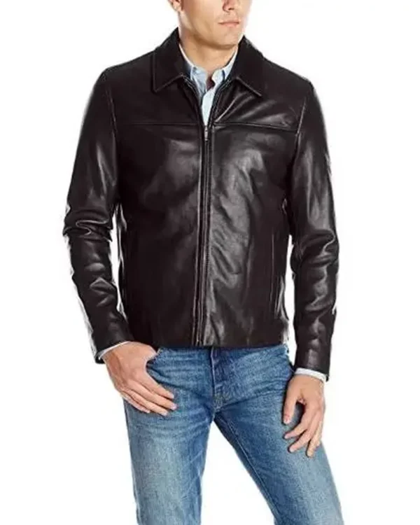 Mens Black Casual Shirt Collar Black Leather Biker Jacket