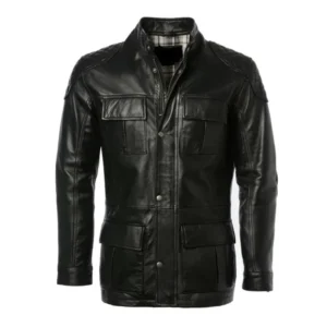 Mens Black Leather Hip Length Leather Jacket