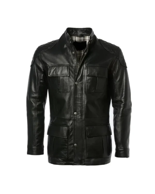 Mens Black Leather Hip Length Leather Jacket
