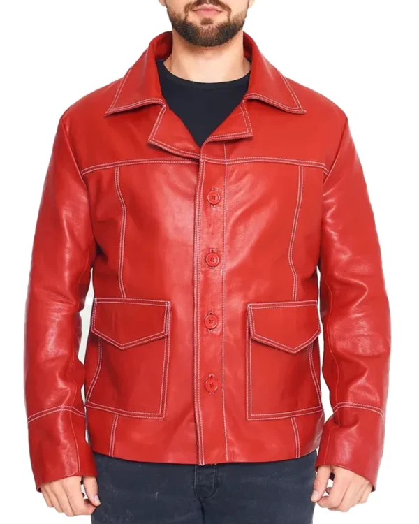 Mens Brad Pitt Fight Club Red Leather Jacket