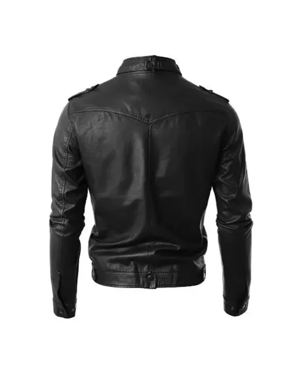 Round Collar Zipper Black Leather Biker  Jacket