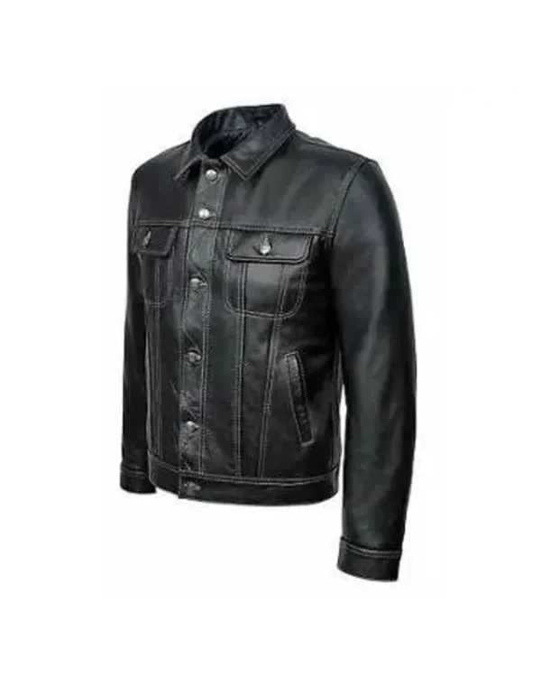 Shirt Collar Black Leather Motorcycle Jacket