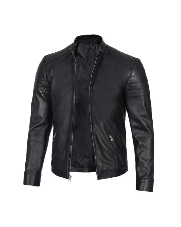 Mens Black Leather Cafe Racer Jacket With Snap Button Collar (2)