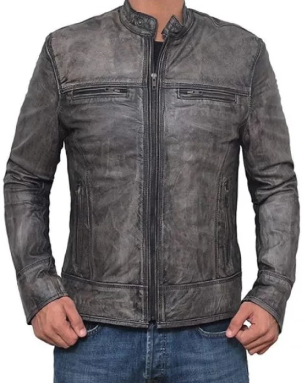 Mens Garcia Grey Distressed Leather Jacket