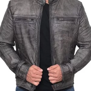 Mens Garcia Grey Distressed Moto Leather Jacket