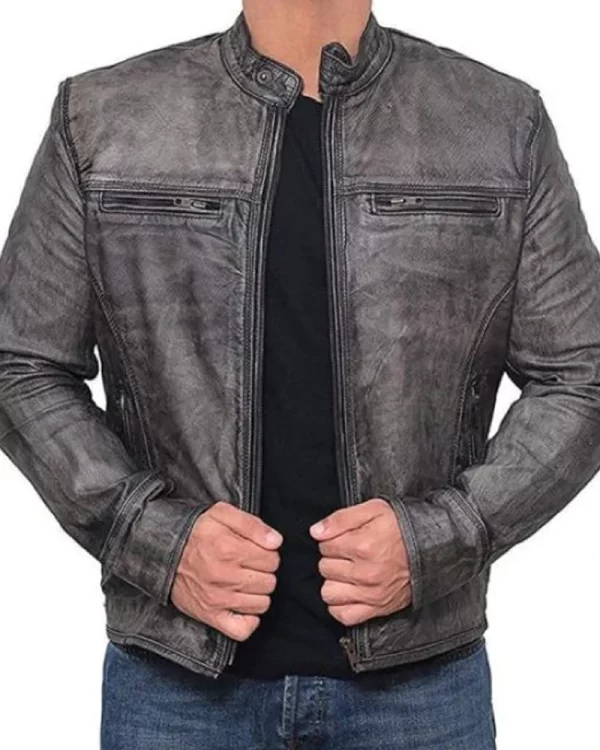 Mens Garcia Grey Distressed Moto Leather Jacket