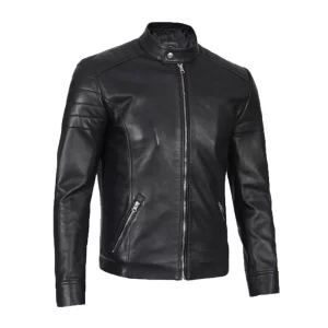 Mens Leather Cafe Racer Jacket With Snap Button Collar