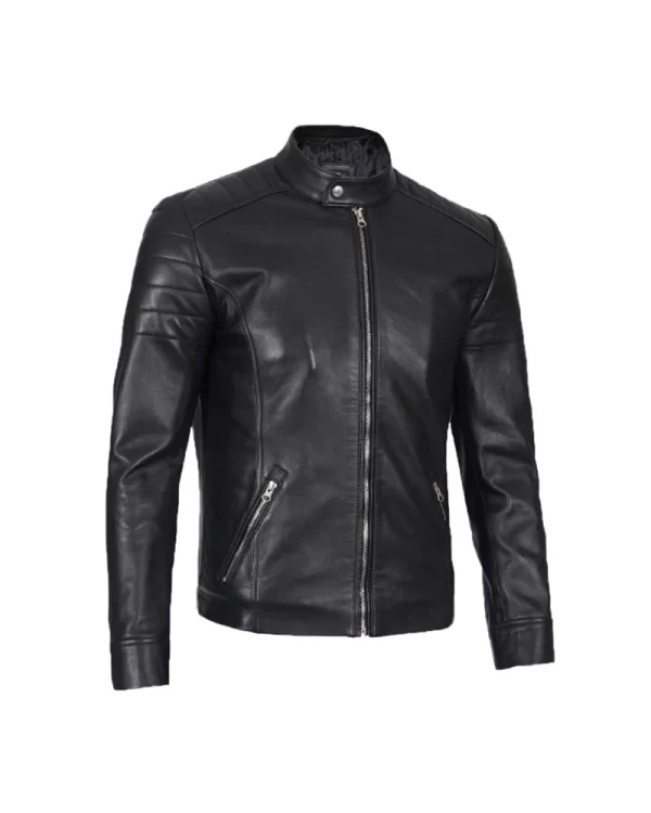 Mens Leather Cafe Racer Jacket With Snap Button Collar