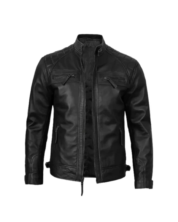 Mens Quilted Shoulder Black Cafe Racer Leather Jacket