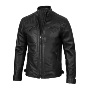 Quilted Shoulder Black Cafe Racer Leather Jacket