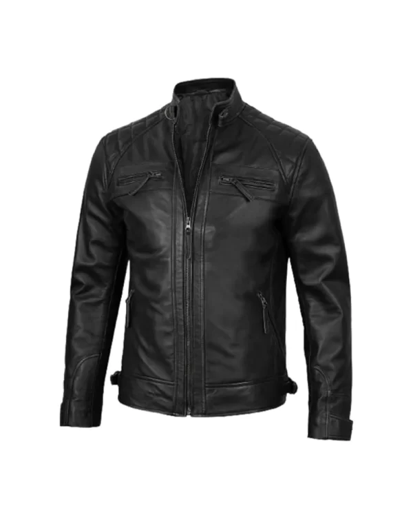Quilted Shoulder Black Cafe Racer Leather Jacket