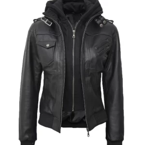 Women's Black Leather Bomber Jacket With Removable Hooded