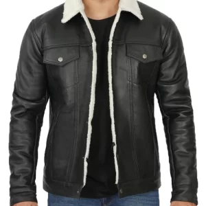 Fernando Black Shearling Lined Trucker Leather Jacket