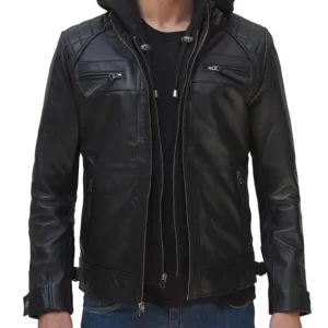 Men Johnson Black Leather Jacket With Removable Hood
