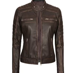 Womens Brown Rub Off Cafe Racer Leather Jacket