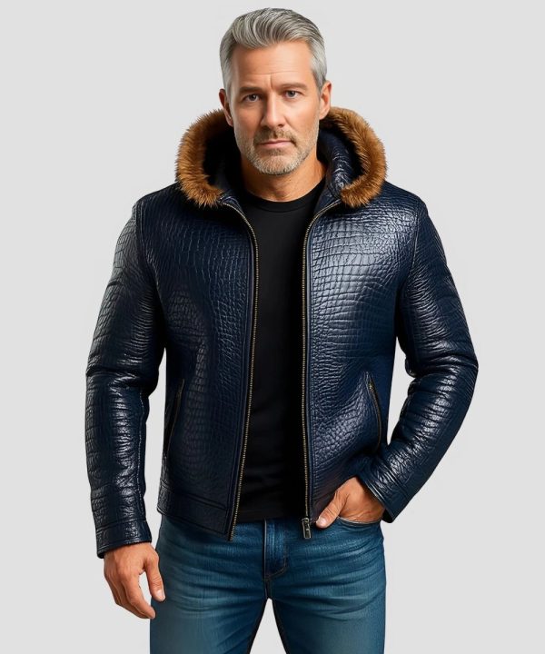 Alligator Blue Pattern Leather Hooded Jacket For Men