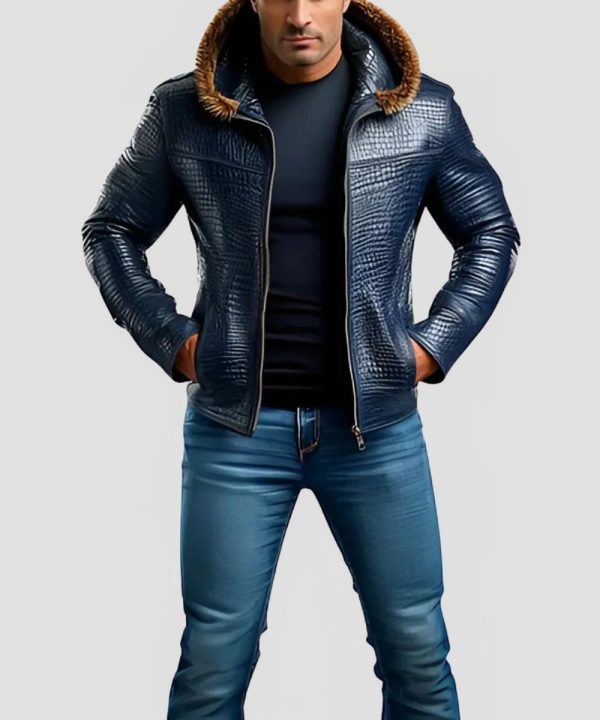 Alligator Blue Pattern Leather Hooded Jacket Mens