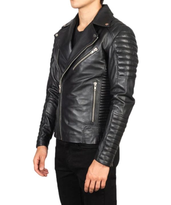 Armand Black Leather Biker Bomber Jacket For Men
