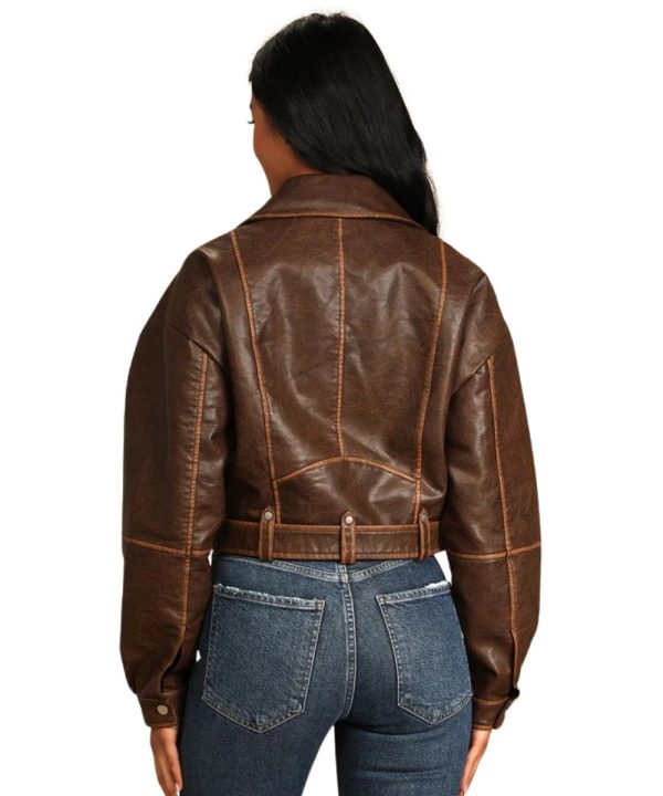 Avec Les Filles Open Road Faux Leather Brown Cropped Motorcycle Bomber Jacket For Women