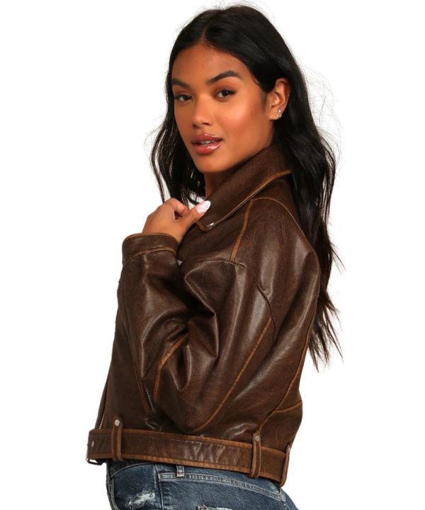 Avec Les Filles Open Road Faux Leather Brown Cropped Motorcycle Bomber Jacket Womens
