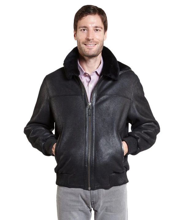Aviator Black Shearling Real Leather Bomber Jacket Mens