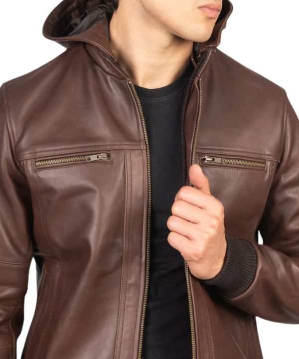 Biker Bouncer Biz Brown Hooded Leather Jacket For Men