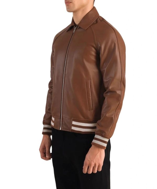 Biker Brown Leather Varsity Bomber Jacket For Men