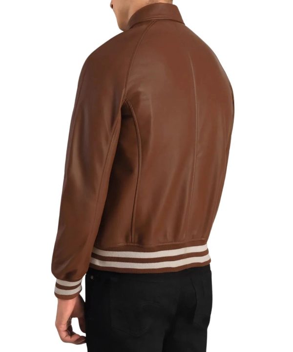 Biker Brown Leather Varsity Bomber Jacket Mens