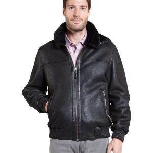 Black Aviator Shearling Real Leather Bomber Jacket Mens