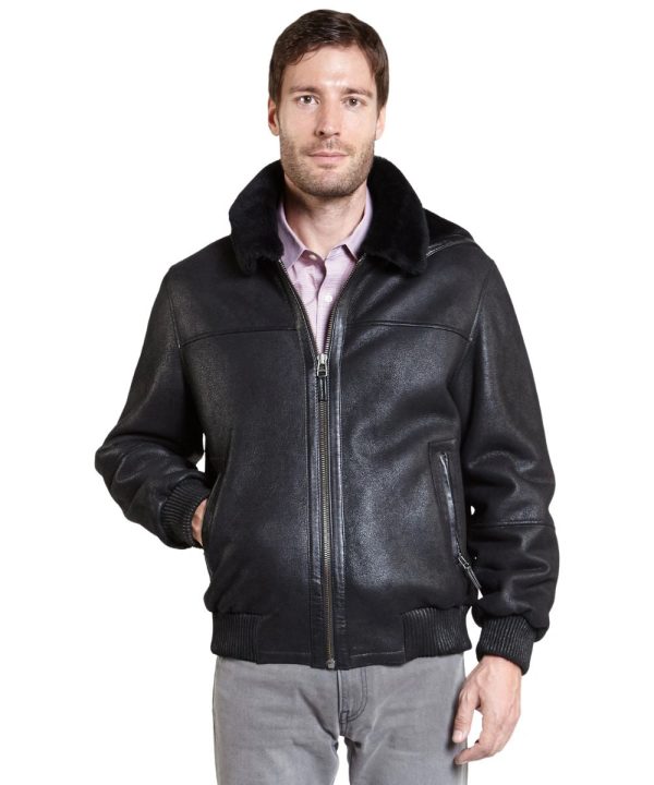 Black Aviator Shearling Real Leather Bomber Jacket Mens