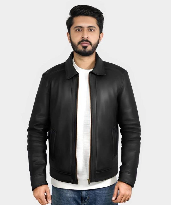 Black Biker Plain Leather Bomber Jacket For Men