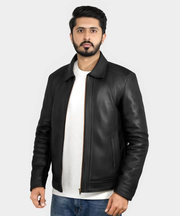 Black Biker Plain Leather Jacket Mens