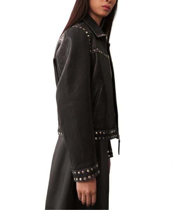 Black Biker Studded Leather Jacket Womens