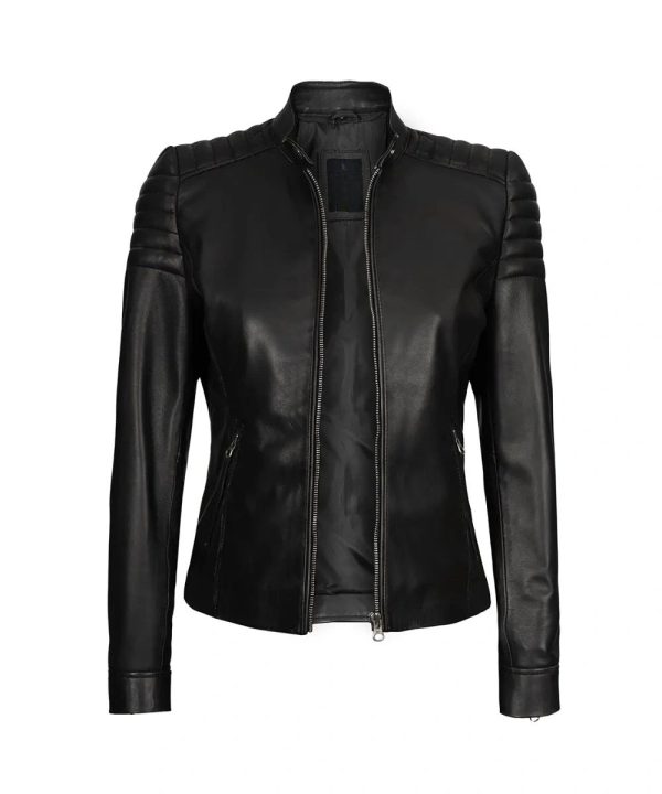 Black Cafe Racer Leather Jacket For Women