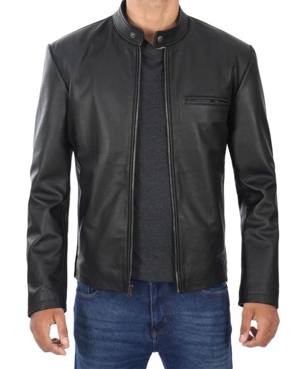 Black Cowhide Leather Cafe Racer Jacket For Mens