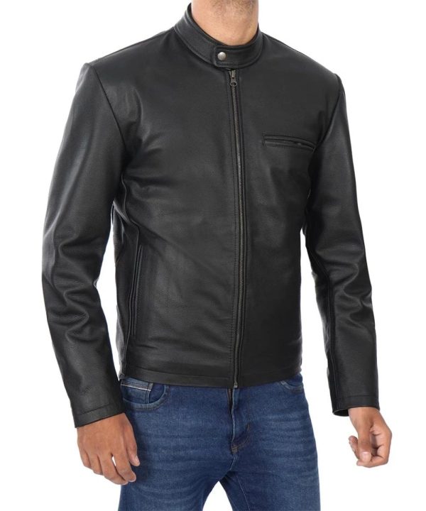 Black Cowhide Leather Cafe Racer Jacket Mens