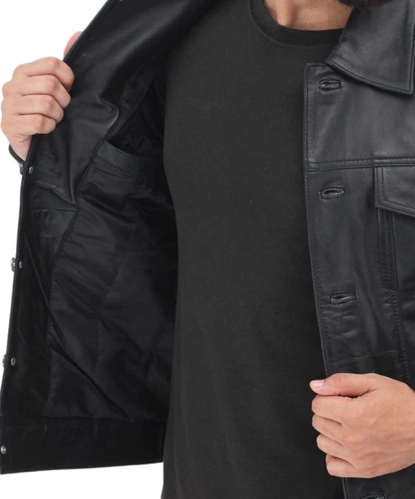 Black Fernando Leather Trucker Jacket For Men