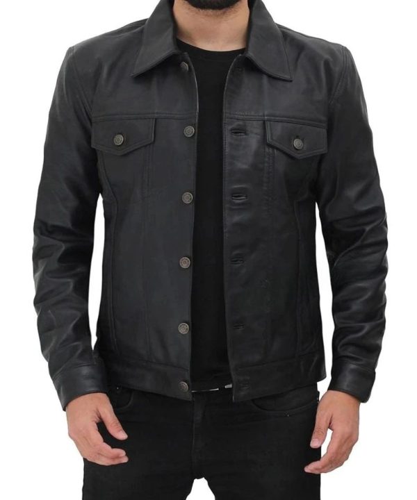 Black Fernando Leather Trucker Jacket Mens