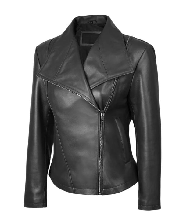 Black Montagna Asymmetrical Biker Leather Jacket Womens