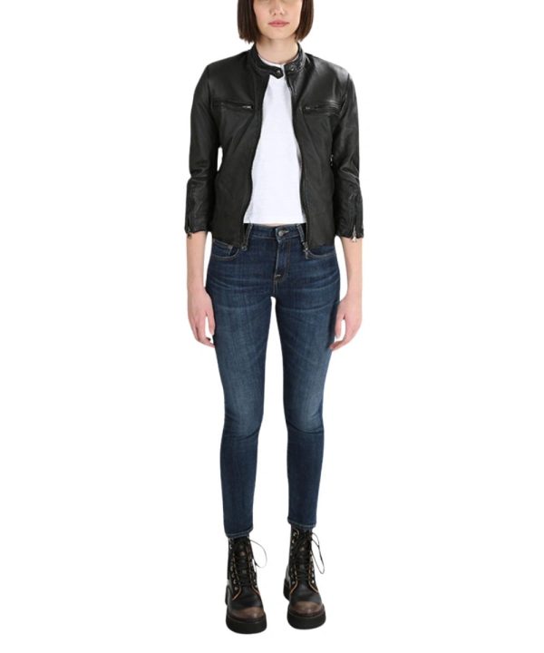 Black R13 Cafe Racer Leather Bomber Jacket Womens