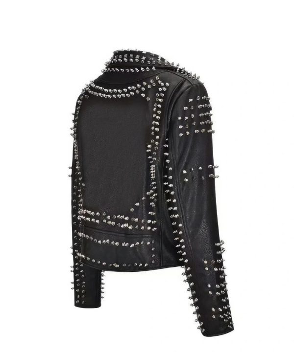 Black Slim Fit Studded Moto Spikes Genuine Leather Jacket For Women