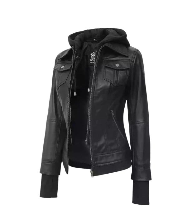 Black Tralee Womens Leather Hoode dJacket