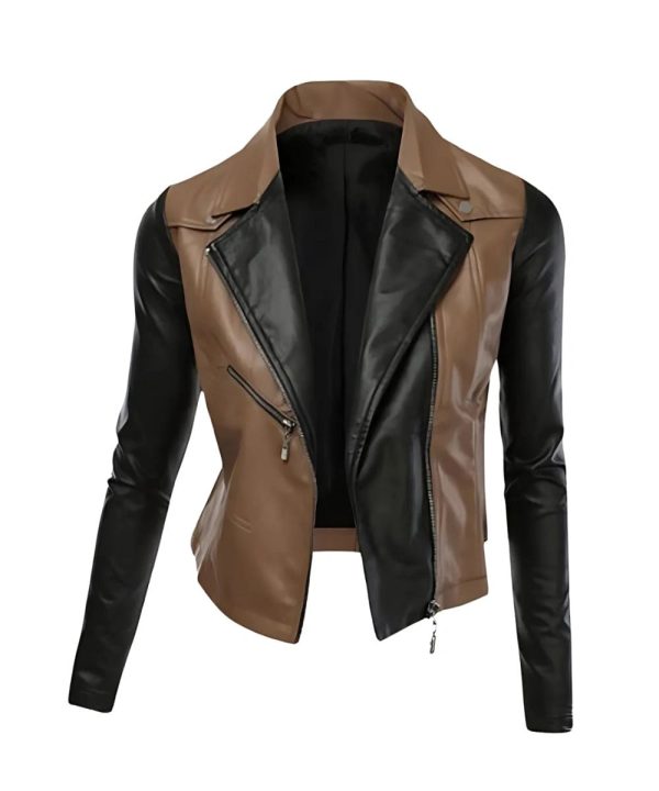 Brown Black Motorcycle Biker Leather Jacket Womens