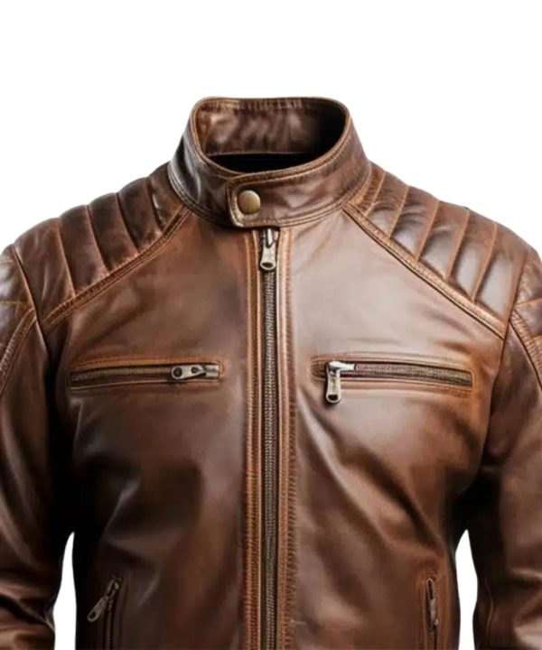 Brown Distressed Cafe Racer Leather Bomber Jacket Mens