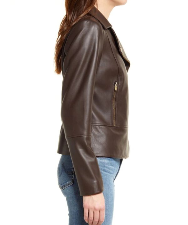 Brown Motorcycle Leather Bomber Jacket For Women