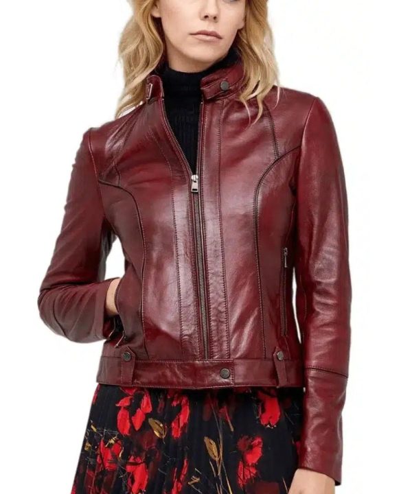 Burgundy Biker Maroon Leather Bomber Jacket For Women